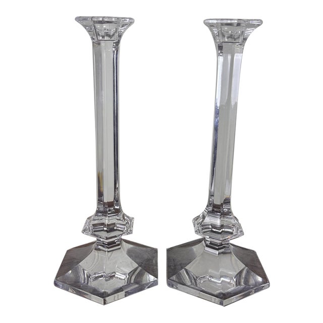 Val Saint-Lambert Signed Belgian Crystal Candlesticks, Pair, 11" Tall, Late 20th Century For Sale