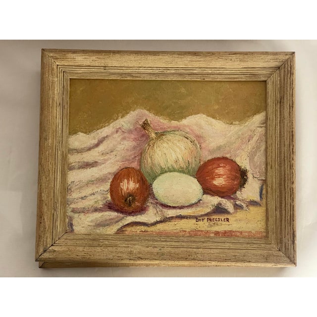 Mid 20th Century Vintage Oil Paintings signed “Dot Pressler.” – a Pair Onion Still Lifes With Beautifully Dry Matte Surface & Pronounced Impasto For Sale - Image 5 of 12