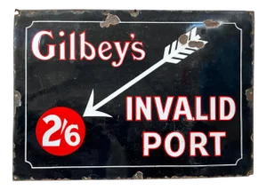 Large Gilbeys Invalid Port Enamel Advertising Railwayana Pub Garden Bar Sign, 1930s
