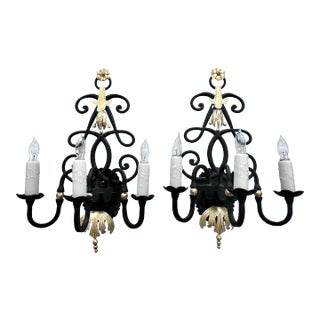 Wrought Iron Sconces with 24K Gold in the Style of Rene Drouet - a Pair For Sale