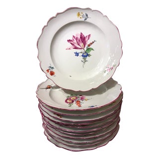 18th Century Baroque Porcelain Dining Dishes with Floral Decor from Meissen, 1775, Set of 12 For Sale
