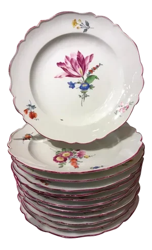18th Century Baroque Porcelain Dining Dishes with Floral Decor from Meissen, 1775, Set of 12