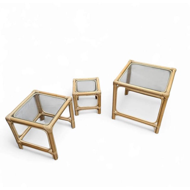 Bamboo nesting set / clear glass tops / side tables / 1970 Bamboo nesting set / clear glass tops / side tables / 1970...