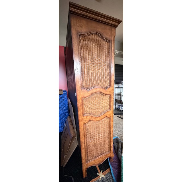 English Maitland-Smith Carved Walnut and Rattan Dry Bar Armoire Cabinet For Sale - Image 3 of 17