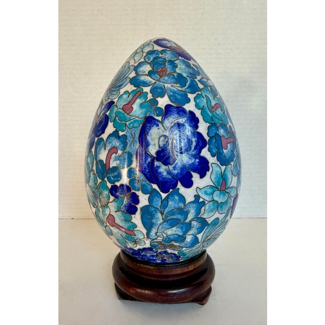 Vintage Display Size Blue Floral Cloisonné Egg on Wood Stand For Sale - Image 9 of 12