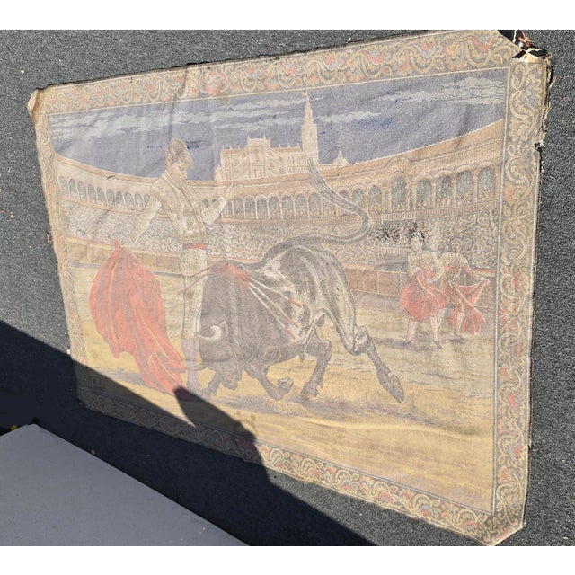 Vintage Spanish Bull Fight W Matador and Bull Velvet Tapestry Made in Italy For Sale - Image 9 of 16