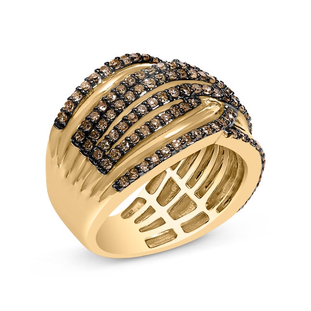 Contemporary 10K Yellow Gold Plated .925 Sterling Silver 1.0 Cttw Champagne Diamond Multi Row Cross Over Band Ring - Size 7 For Sale - Image 3 of 6