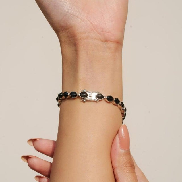 Black Natural Black Star Smooth Cabochon Gemstone Tennis Bracelet in 925 Silver For Sale - Image 8 of 13