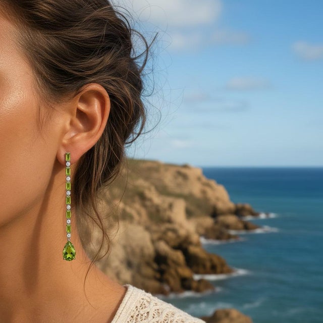 Green Peridot Long Drop Earrings, Silver, Gold, Pair For Sale - Image 8 of 10
