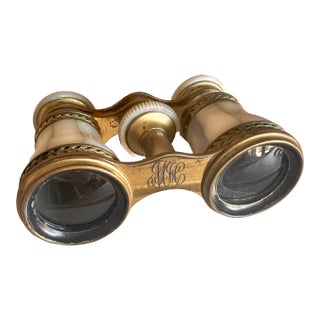 Vintage Lemaire Paris Mother-of-Pearl Opera Glasses — Brass Trim, Monogrammed For Sale