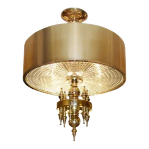 Small Hollywood Regency Style Brass Pendant / Chandelier, Starburst Etched Glass