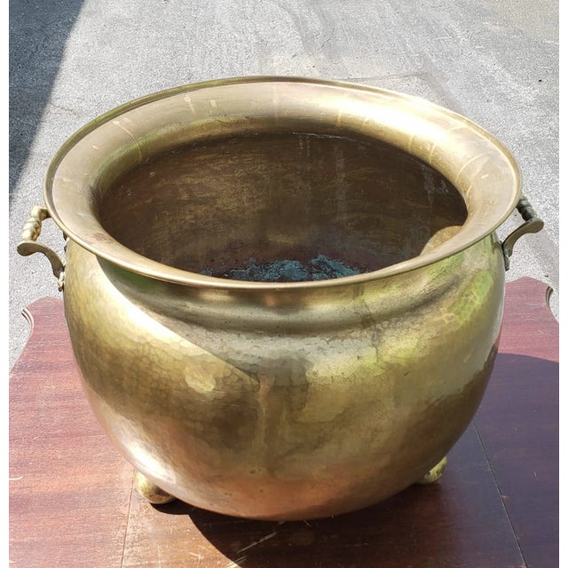 Rustic European Large Russian Hand Hammered Brass Two Handle Footed Jardiniere Planter For Sale - Image 3 of 8