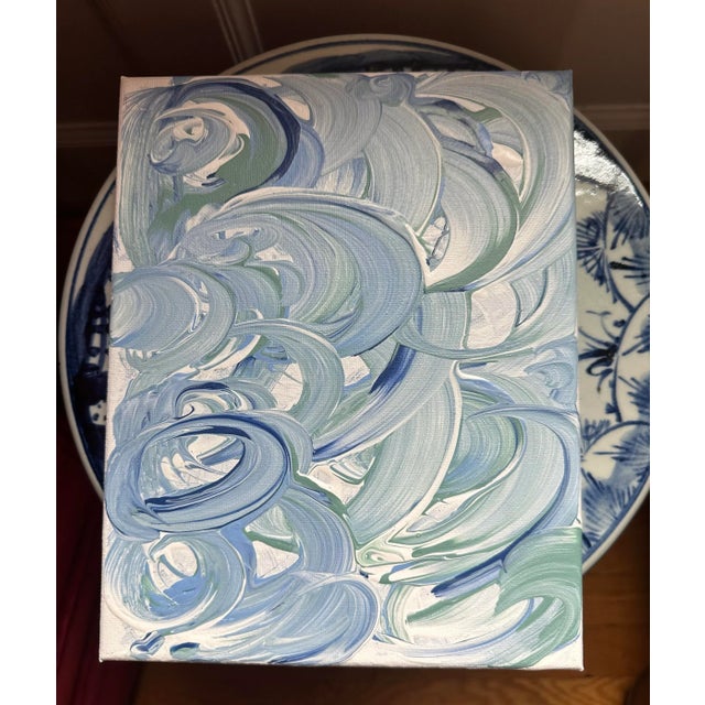 Original abstract, acrylic on canvas. Light blue with white, navy and sage green. Raised elements create 3D aspects in...
