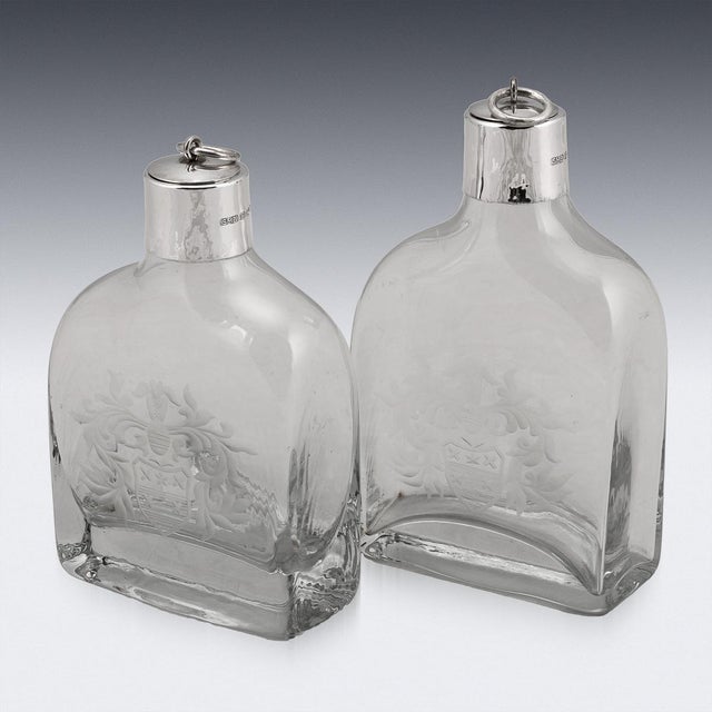 21st Century English Silver Mounted Glass Decanters with Heraldic Engraving, 2007, Set of 2 For Sale - Image 12 of 14