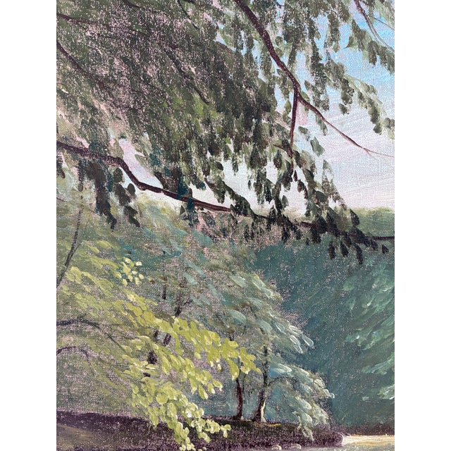 Textile Vintage Woodland Lake Oil Painting, Forest Landscape Art - Signed For Sale - Image 7 of 14