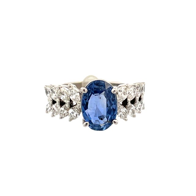 Blue Platinum 3.40 Carat Weight Natural Sapphire & 0.98 CTW Marquise Diamond Ring, Size 4.5 For Sale - Image 8 of 10