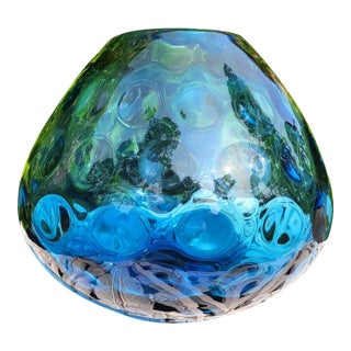 Mid 20th Century Czech Masterpiece Blue Optical Bubble Glass Vase For Sale