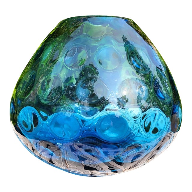 Mid 20th Century Czech Masterpiece Blue Optical Bubble Glass Vase For Sale