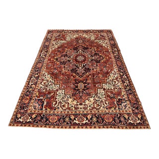 Heriz Rug 8'5'' X 11'6'' Red Wool Vintage Tribal Hand-Knotted Oriental Carpet For Sale