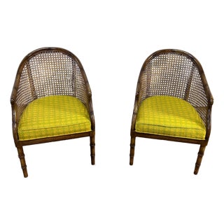 Pair Vintage Mid Century Bamboo Cane Barrel Chairs W Yellow Green Blocked Fabric For Sale
