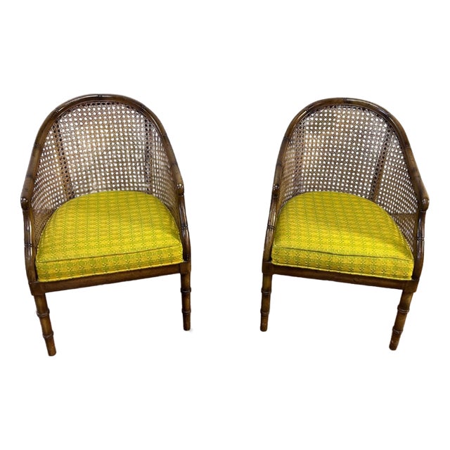 Pair Vintage Mid Century Bamboo Cane Barrel Chairs W Yellow Green Blocked Fabric For Sale