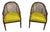 Pair Vintage Mid Century Bamboo Cane Barrel Chairs W Yellow Green Blocked Fabric For Sale