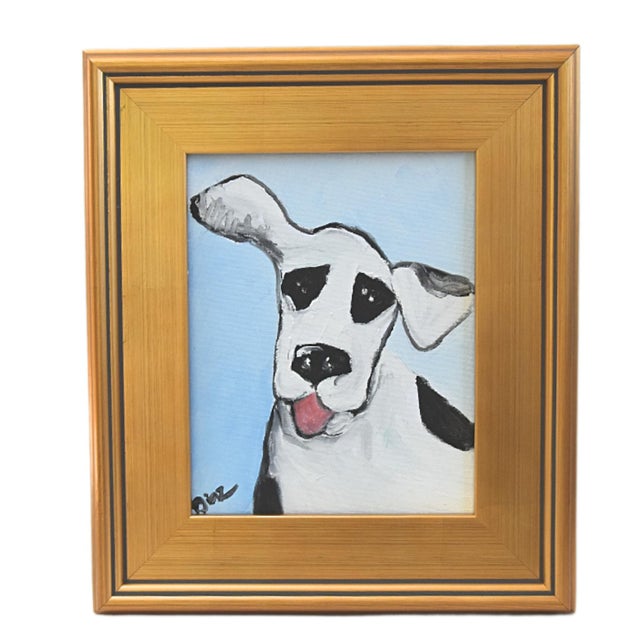 2020s Folk Art Doggie Dog Puppy Oil Painting Including the Antiqued Gold Wood Frame For Sale - Image 5 of 5