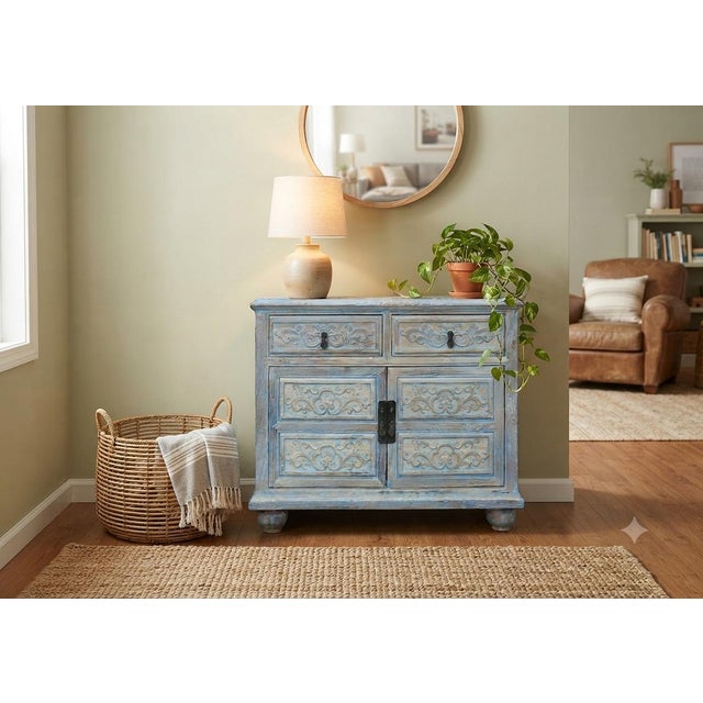 Shabby Chic Oriental Floral Shabby Chic Rustic Light Blue High Credenza Cabinet For Sale - Image 3 of 10
