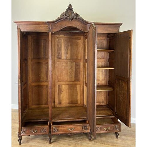 Antique French Rocaille Carved Oak 3-Door Armoire with Mirror For Sale - Image 13 of 14