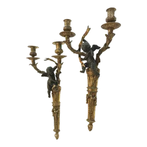 19th Century French Empire Gilt Bronze Ormolu Putti Cherub Candle Sconces Marked G B - a Pair