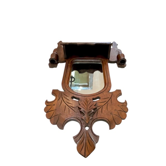 Brown Antique Tramp Art Carved Wood Mirror With Candleholders and Pocket For Sale - Image 8 of 13