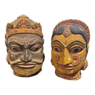 Mid 20th Century Pair of Indian Folk Art Heads, Male & Female Door Gaurds For Sale