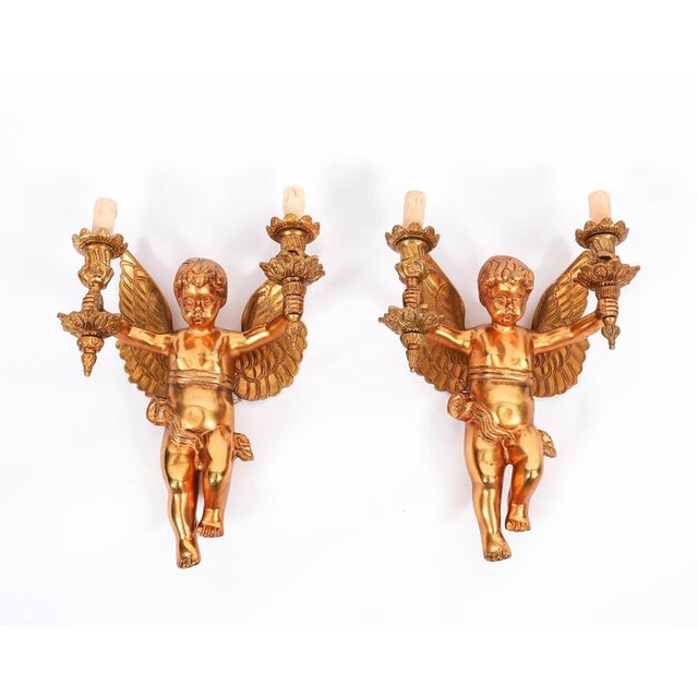 Copper Antique Italian Two Branch Cherub Ormolu Wall Lights, 1800s, Set of 2 For Sale - Image 8 of 9