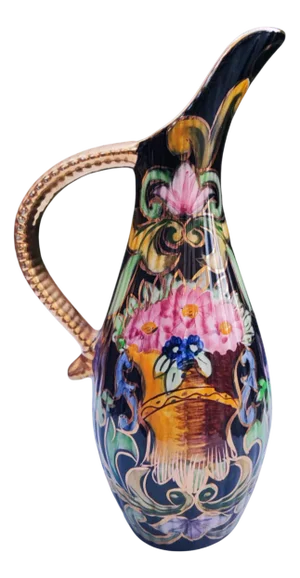 Art Deco Hand Painted BLCK Gold Trim Pitcher Vase by H. Bequet Quaregnon, Belgium, 1950s