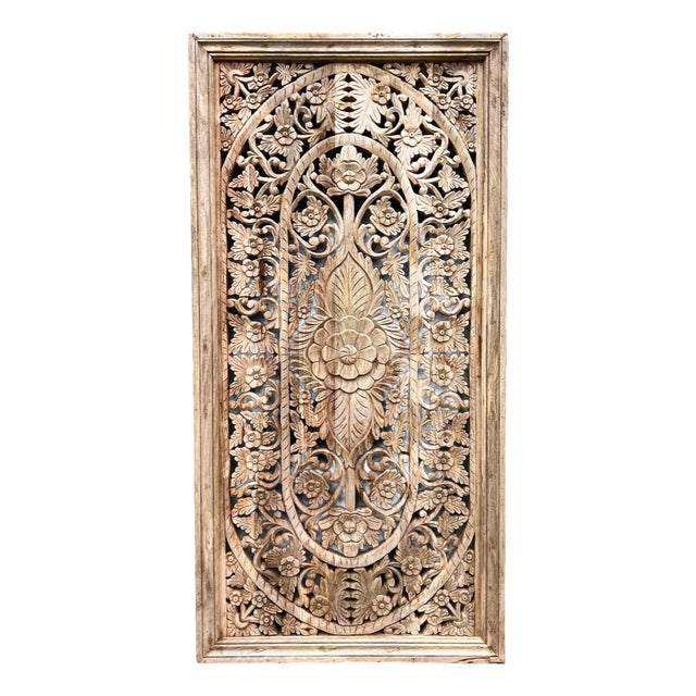 Vintage Floral Carved Wood Panel Wall Decor For Sale