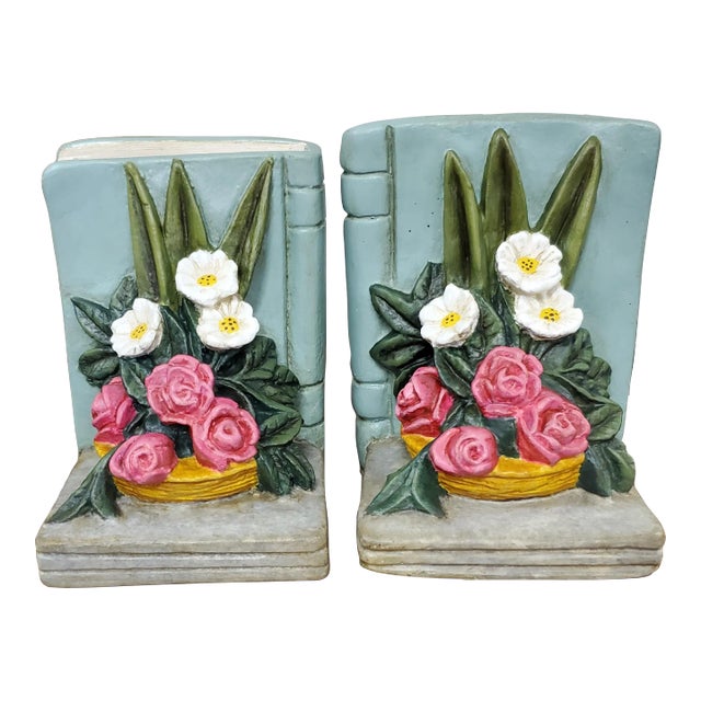 Vintage Floral Chalkware Bookends, Newly Restored- Set of 2 For Sale