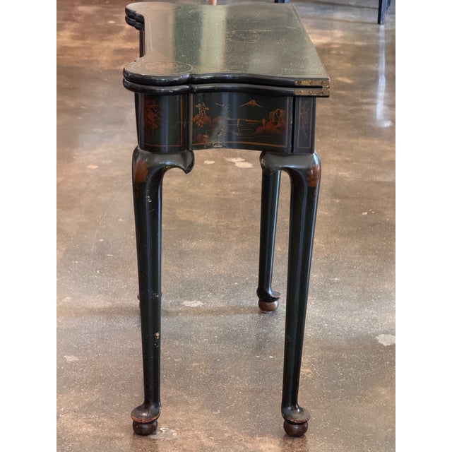 Wood 19th Century English Green Lacquer Chinoiserie Flip-Top Game Table For Sale - Image 7 of 18
