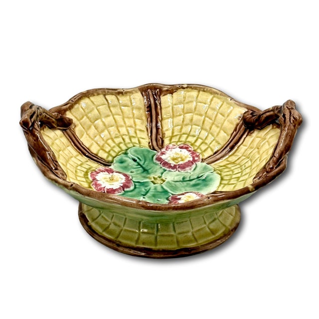 Victorian Beautiful Antique Victorian Majolica Footed Basket Stytle Serving Bowl With Handles - Circa 1880s For Sale - Image 3 of 12