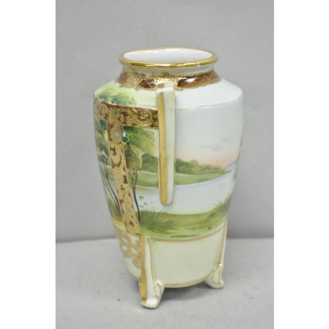 Gold Antique Nippon Hand Painted Porcelain Twin Handled Vase W/ Swan & Lake Scene For Sale - Image 8 of 16