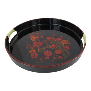 Black Lacquer Chinoiserie Tray with Flower For Sale
