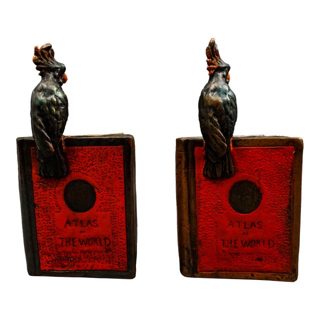 Pompeian Bronze Co. Antique Atlas of the World Cockatoo Parrot Bookend Set of 2 For Sale
