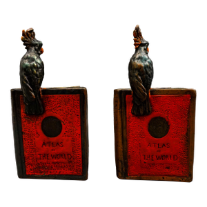 Pompeian Bronze Co. Antique Atlas of the World Cockatoo Parrot Bookend Set of 2