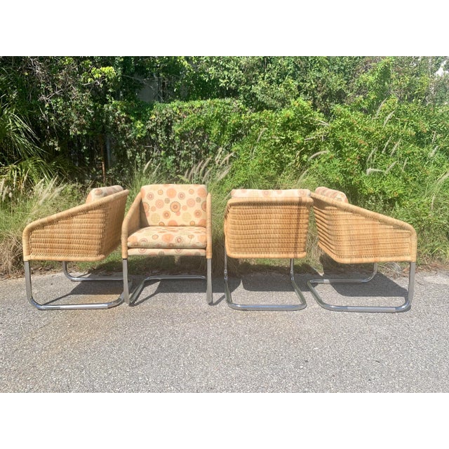 Harvey Probber Style Wicker and Chrome Cantilever Dining Chairs - Set of 4 For Sale - Image 9 of 12