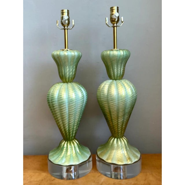 Vintage Italian Murano Glass Lamps With Lucite Plinths For Sale - Image 10 of 13