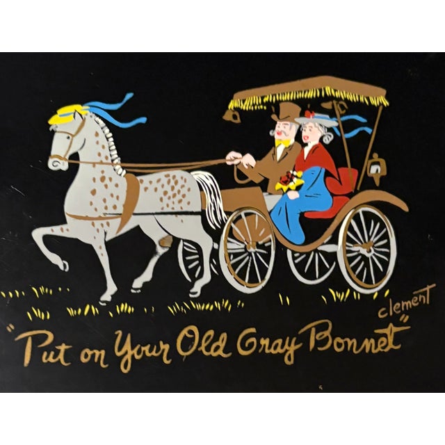 Vintage Black Metal Tray Hand-painted Victorian era horse-drawn carriage with courting couple "Put on Your Old Gray...