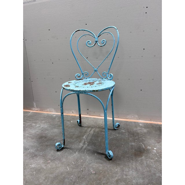 Antique French Wrought Iron Heart-Back Bistro Chairs, Pair, Original Chippy Blue Paint For Sale In Los Angeles - Image 6 of 10