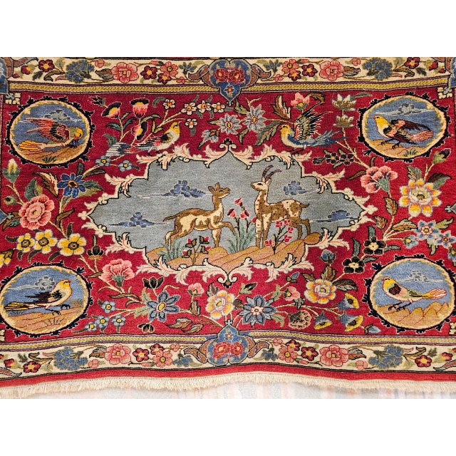 Vintage Persian Tabriz Pictorial Rug, Hand-Knotted Wool & Silk, Forest Scene, Red & Blue, 2x3 For Sale - Image 15 of 15
