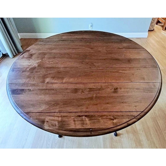 Ethan Allen Refinished Round Dining Table With Iron Metal Base & Leaf