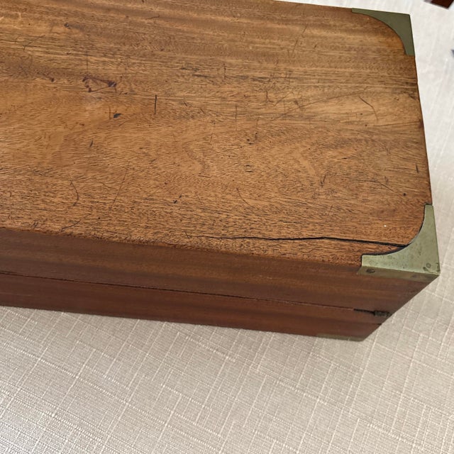 Victorian Antique Mahogany Travel Desk C. 1860-1890 With Hidden Compartment and Original Ink Wells For Sale - Image 3 of 12