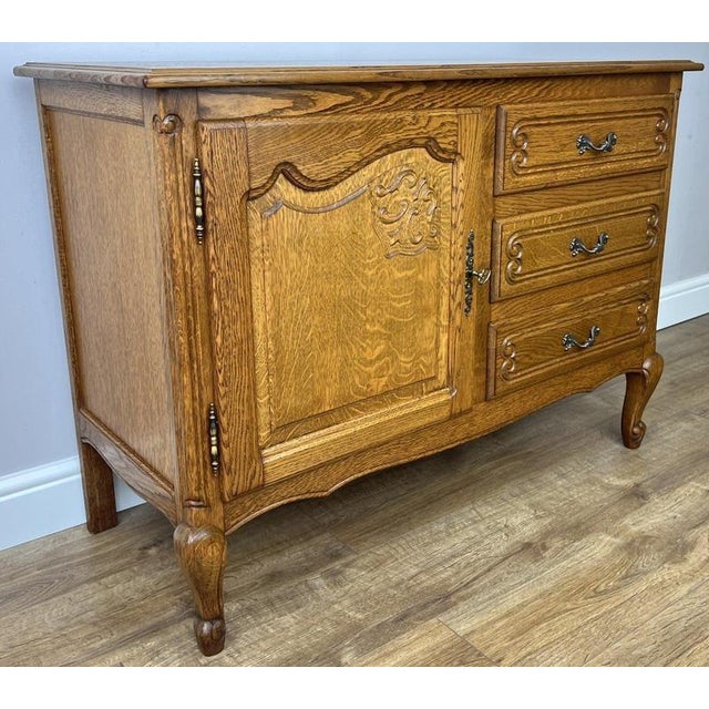 Vintage Louis XIV French Oak Sideboard with Carved Cupboard For Sale - Image 3 of 15